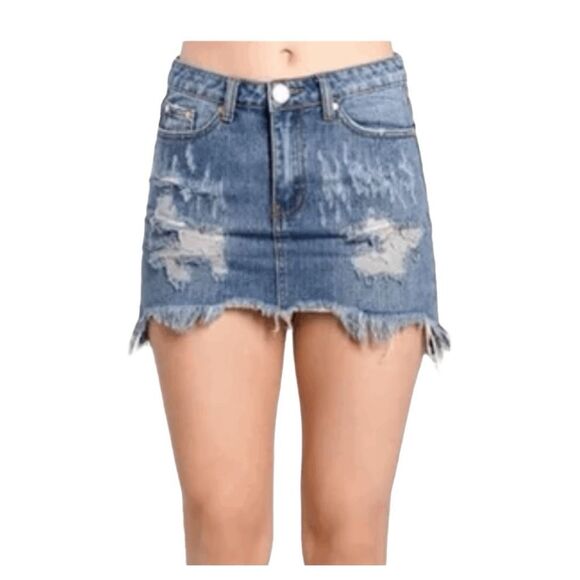 Signature8 High Rise Jean Skirt Blue Medium Wash Distressed Denim Raw Hem S - Picture 1 of 8